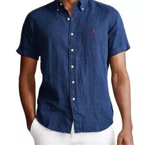 New w Tags! POLO RALPH LAUREN Navy Classic Fit Linen Shirt Short Sleeve XXL Tall
